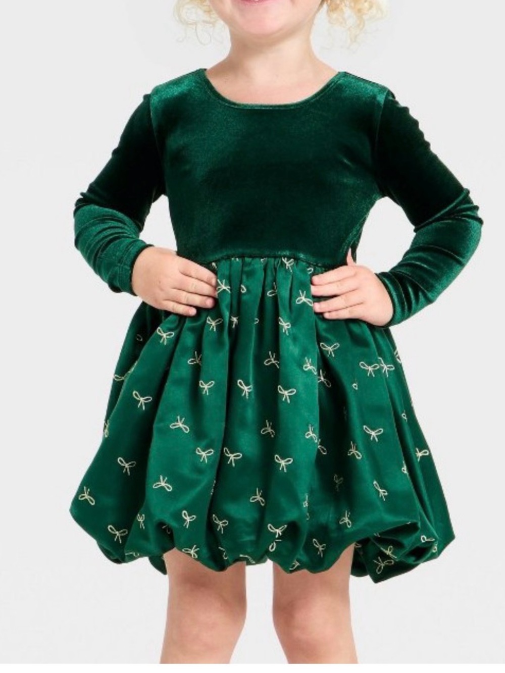 Audrey Camille Green Velvet Bow Detail Embroidered Long Sleeve Bubble Hem Dress